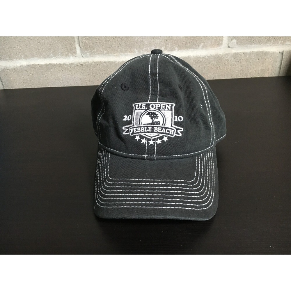 Pebble Beach Hat Cap Mens Strap Back Black Embroidered Preppy Golf US Open Logo